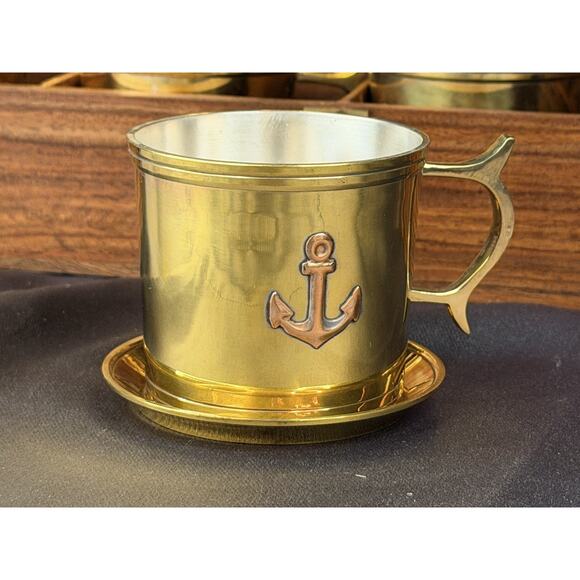 Captain’s Brass Anchor Cup & Saucer Set Nautical Gift in Wood Case Box - Picture 2 of 11